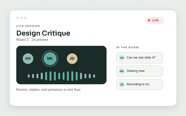 A Maharo live classroom showing active speakers, an audio waveform, and incoming messages