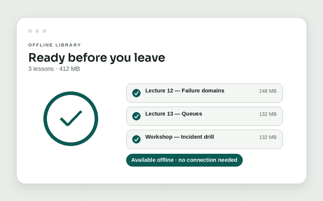 Maharo downloading three lessons for offline use and confirming they are available without a connection